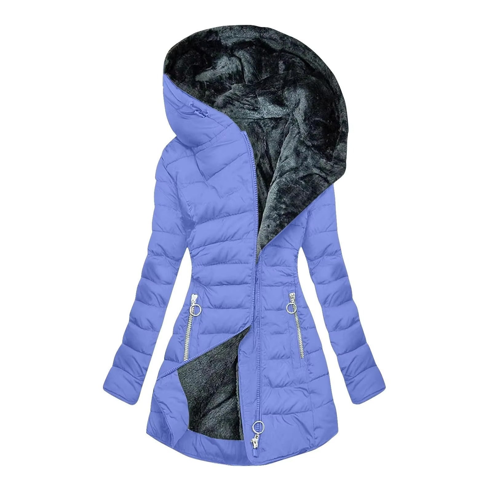 Manteau d’hiver chaud et luxueux Danoir Paris™ en tissu épais, avec col haut et détails élégants, porté par un mannequin.