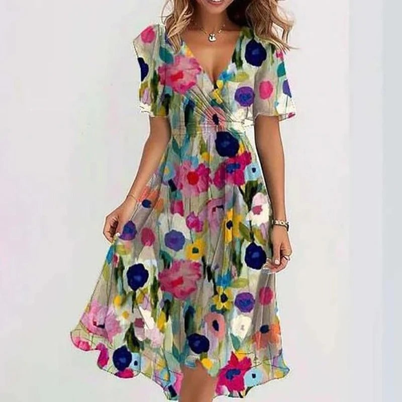 Robe florale élégante Danoir Paris, style sophistiqué avec motifs floraux, portée légère et raffinée, vue de face.