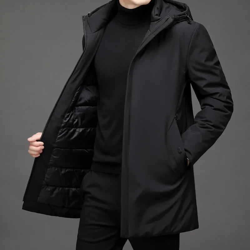 Veste d'hiver longue à capuche Danoir Paris pour homme, chaude, avec fermeture éclair, idéale pour la saison hivernale.