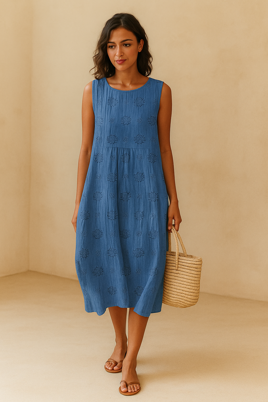 Robe évasée chic Theryn Danoir Paris en tissu bleu léger, parfait pour l'été, avec un style élégant et fluide.