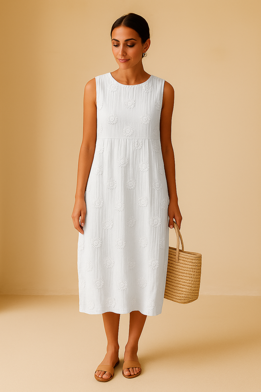 Robe évasée chic Theryn de Danoir Paris en tissu vert élégant, portée avec style et sophistication.