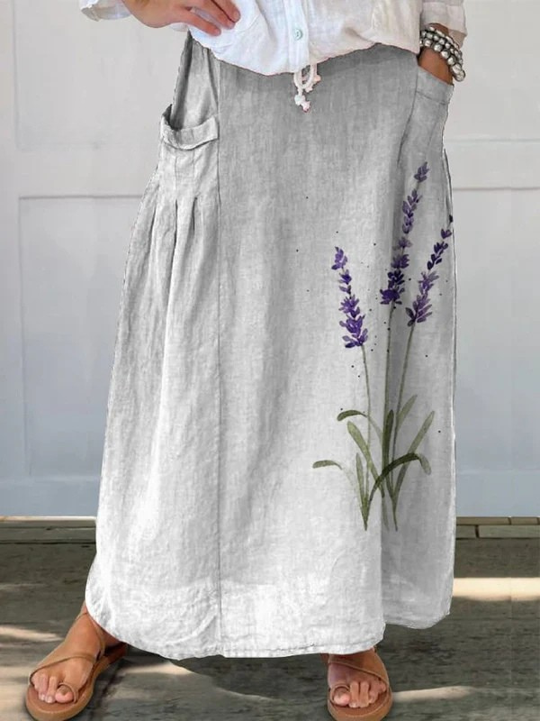 Jupe Marian™ Danoir Paris blanche à imprimé floral lavande aquarelle, taille élastique et poches