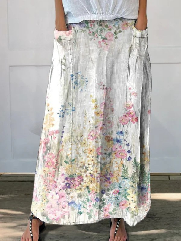 Jupe Roxane™ Danoir Paris à imprimé floral botanique vintage, taille élastique et poches, blanche