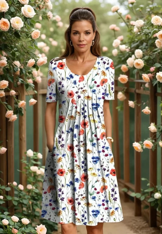 Robe midi élégante et aérée pour femmes de la marque Danoir Paris, vue en gros plan sur le tissu fluide et la coupe chic.