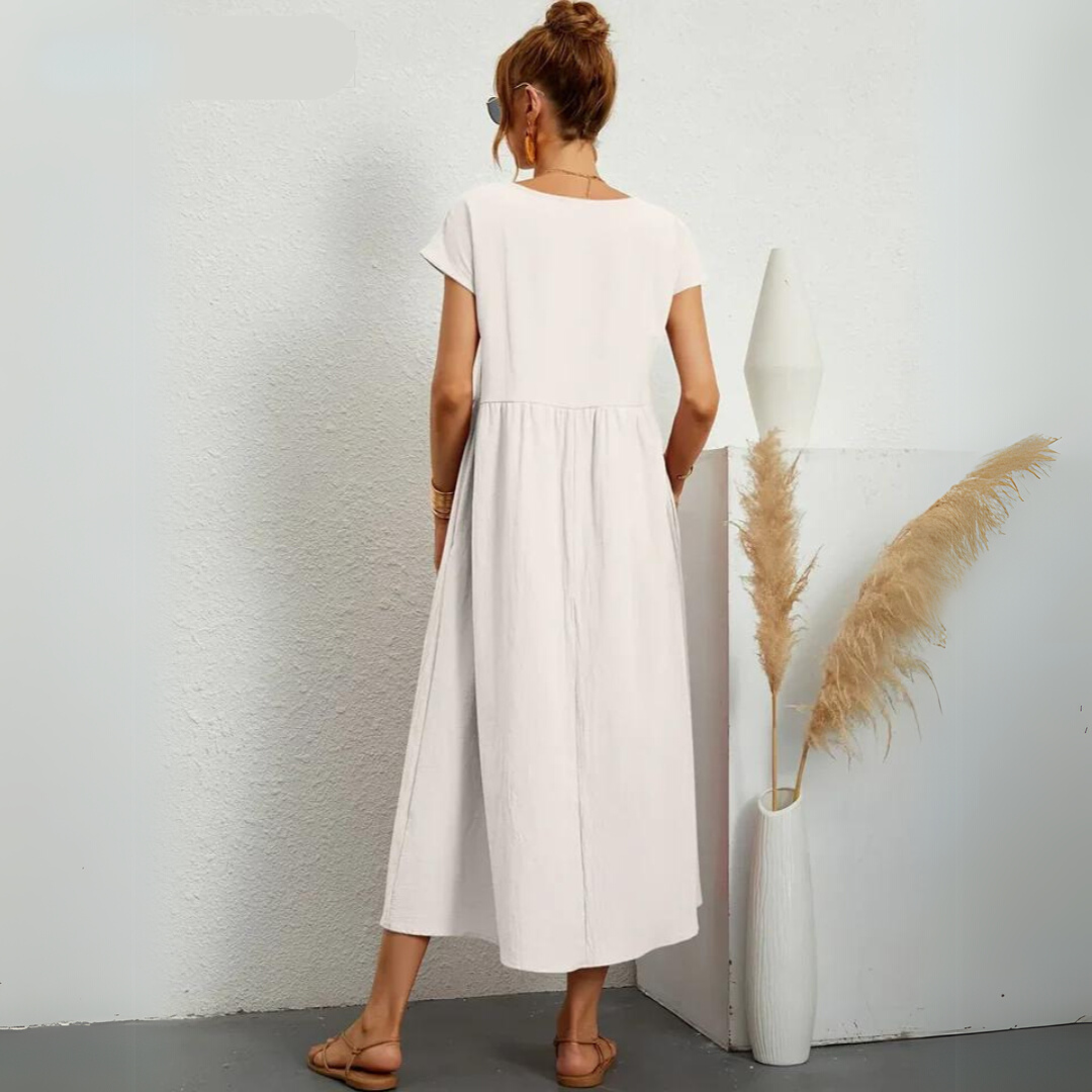 Robe midi décontractée en coton Isla pour femmes, marque Danoir Paris, tissu léger et confortable, style élégant et simple.