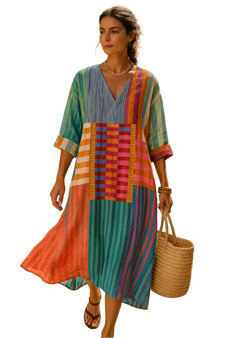 Robe géométrique élégante Lelly de Danoir Paris, vue de face, en tissu léger avec motif moderne, taille XS.