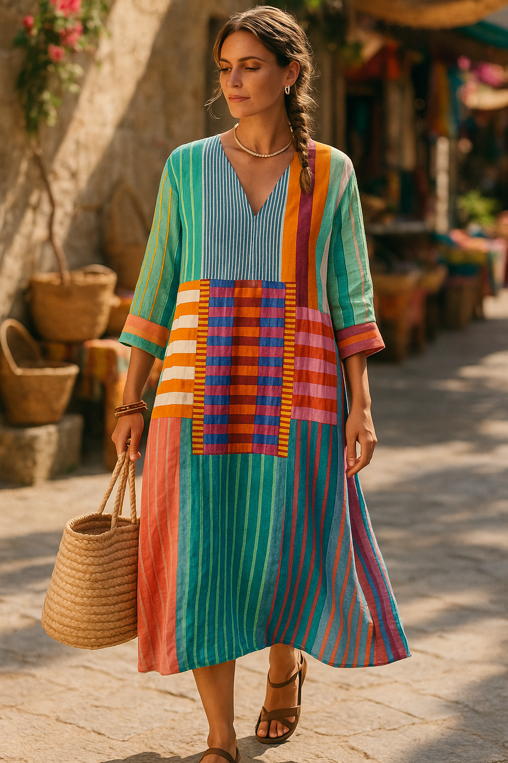 Robe géométrique élégante Malia de Danoir Paris, motif coloré, coupe fluide, portée décontractée ou élégante, vue de face.