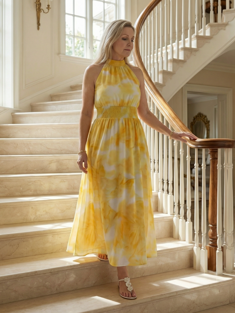 Robe midi jaune Sylin à encolure halter, marque Danoir Paris, tissu plissé et coupe fluide visible sur l'image.