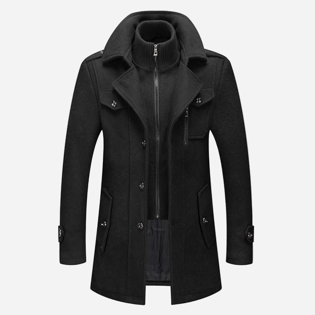 Veste d'hiver élégante Danoir Paris, tissu chaud et finition sophistiquée, portée en extérieur, vue en gros plan.