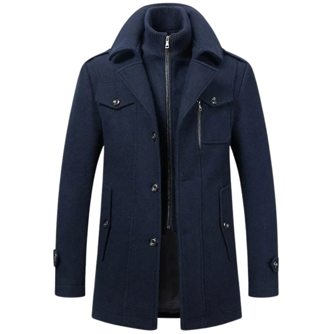 Veste d’hiver élégante Danoir Paris avec boutons et col en laine, vue de face sur fond neutre.