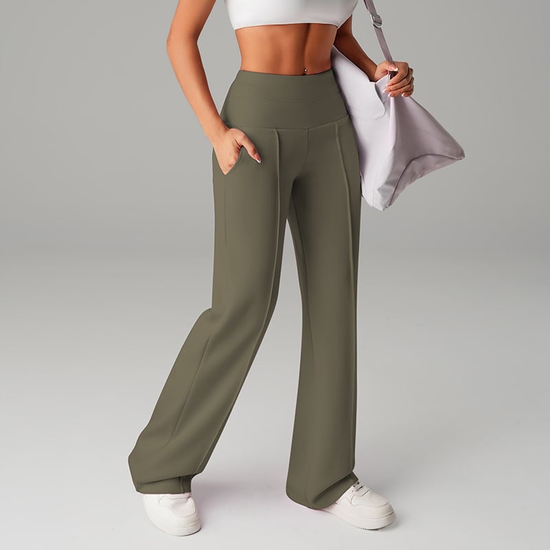 Pantalon femme à jambes larges et droites, taille haute, tissu extensible, marque Danoir Paris.