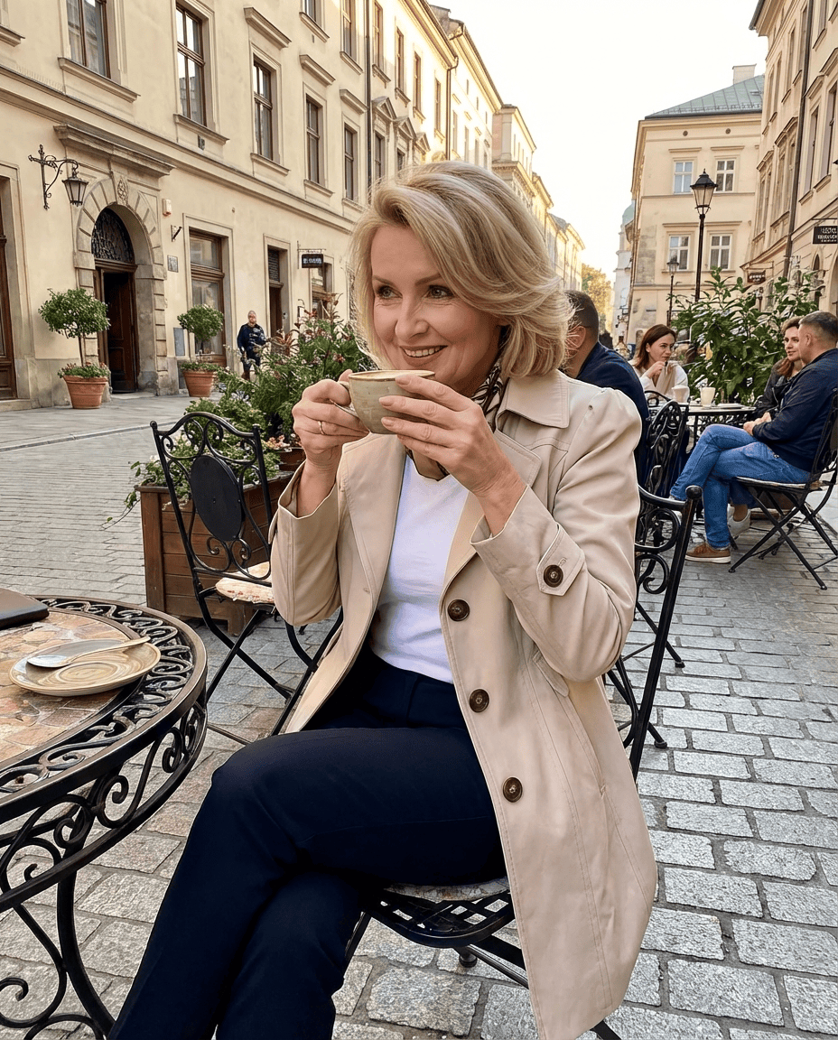 Veste d'été vintage élégante Olivia par Danoir Paris portée par une femme polie élégante assise, style sophistiqué et chic.