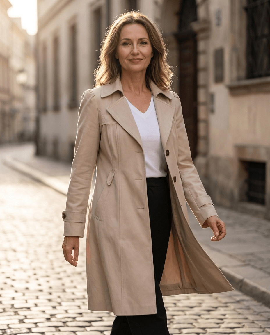 Une femme élégante de 40 à 60 ans portant un manteau vintage d'été Danoir Paris, style sophistiqué et chic.