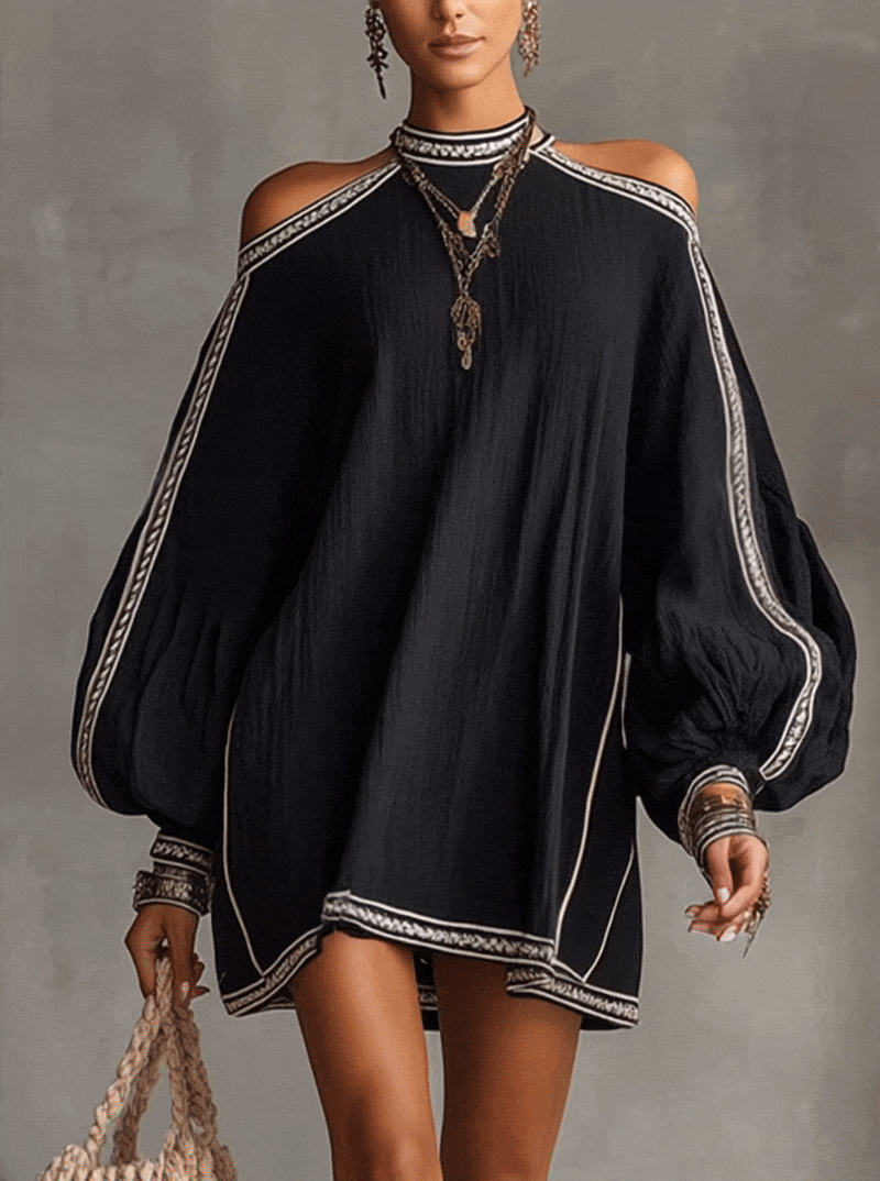 Robe Mini en Lin Noir Boho à Épaules Dégagées et Manches Lanternes - Expédition en 24 Heures