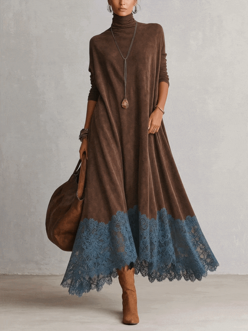 Robe Maxi Longue à Manches Longues en Suédine Marron Vintage