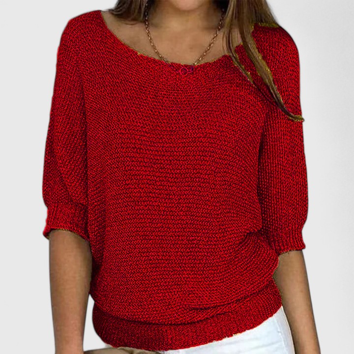 Pull en maille Rachel de Danoir Paris, sans effort, couleur neutre, porté avec col rond et manches longues.