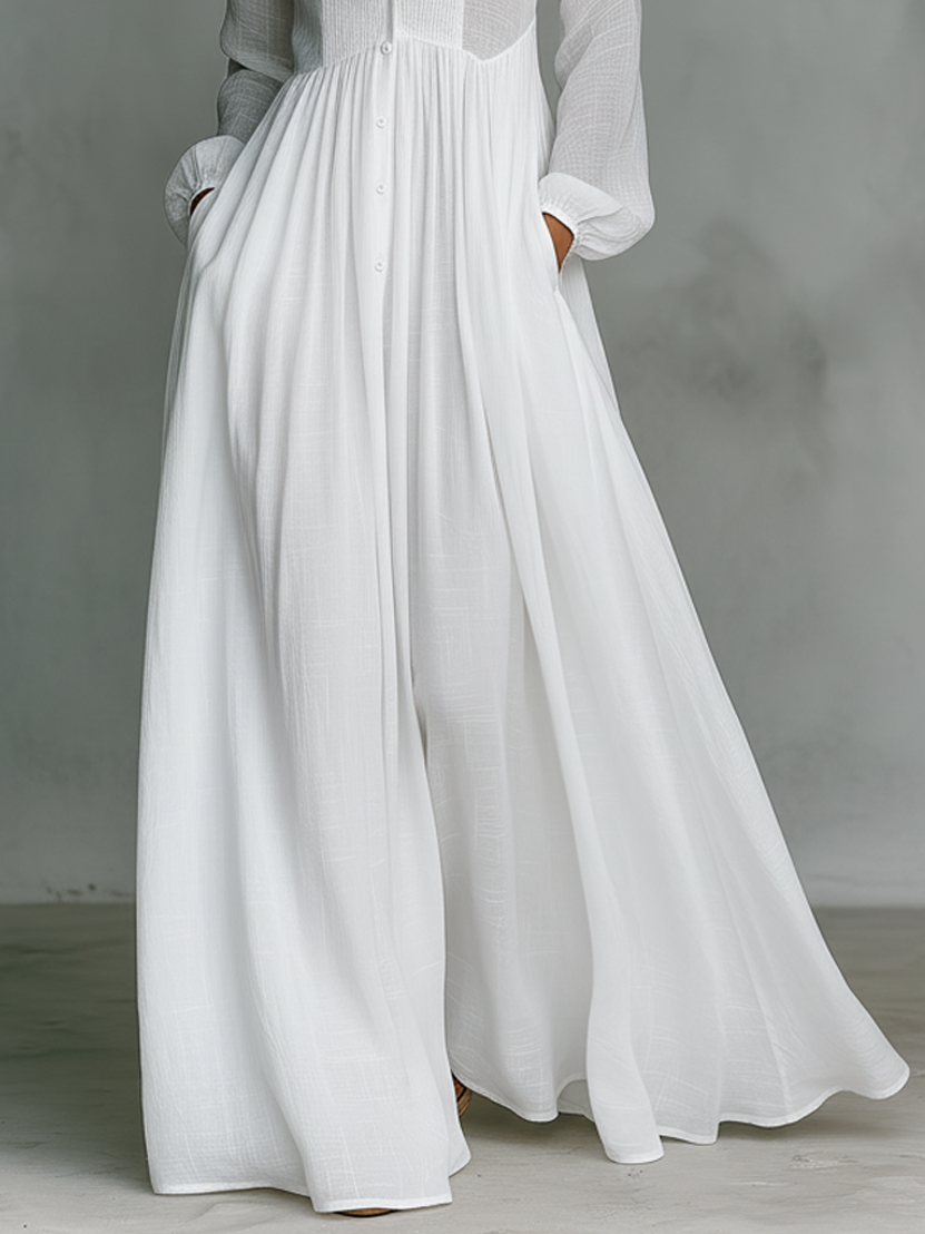 Elisa - Maxi Minimaliste en Coton et Lin avec Patchwork, Col Montant et Manches Longues