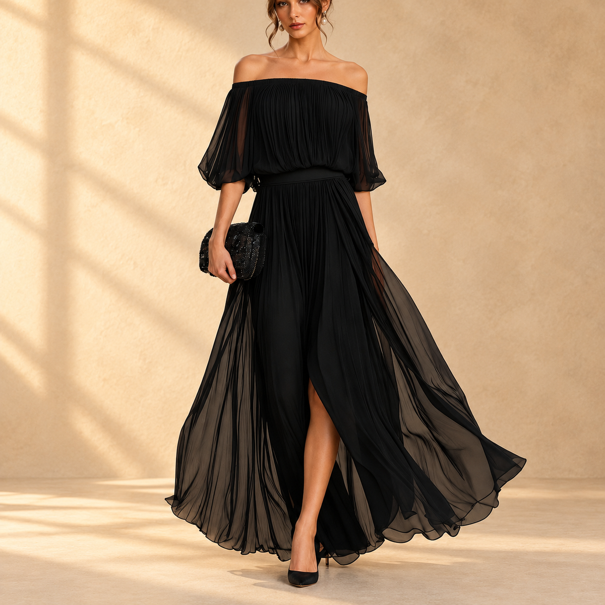 Robe maxi en chiffon beige Geneviève de Danoir Paris, épaules dénudées avec jupe fluide élégante et légère.