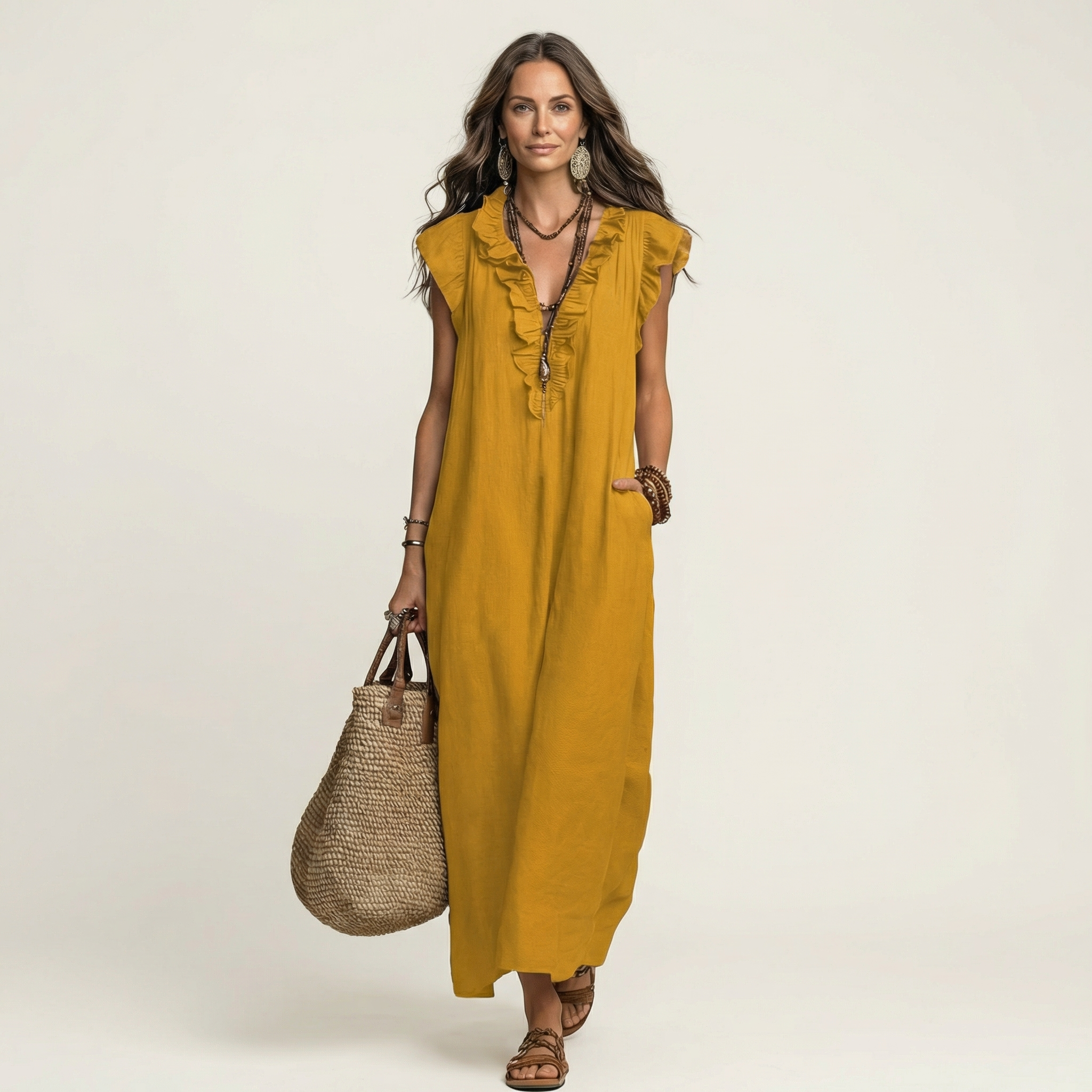 Josette | Robe Maxi à Col V avec Volants