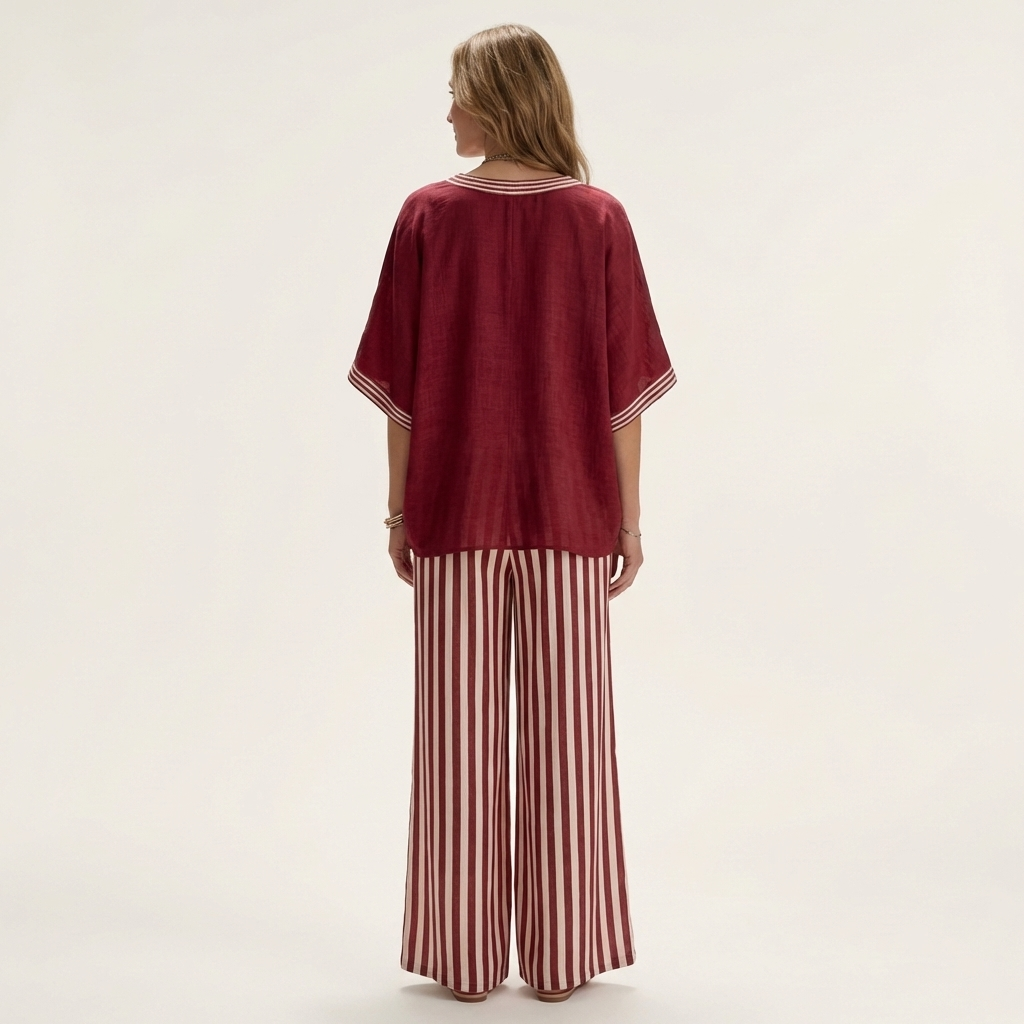 Juliana | Ensemble Varsity à Col V avec Pantalon Large Rayé
