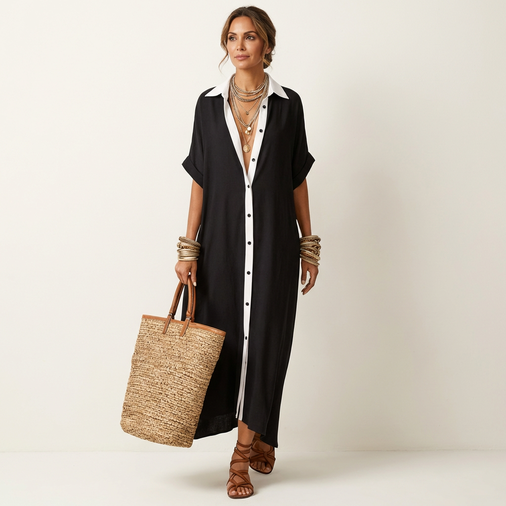 Kamira | Robe Maxi à Manches Courtes avec Col Contrasté et Boutons Frontal