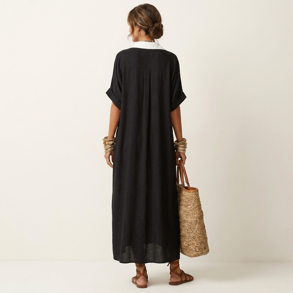 Kamira | Robe Maxi à Manches Courtes avec Col Contrasté et Boutons Frontal