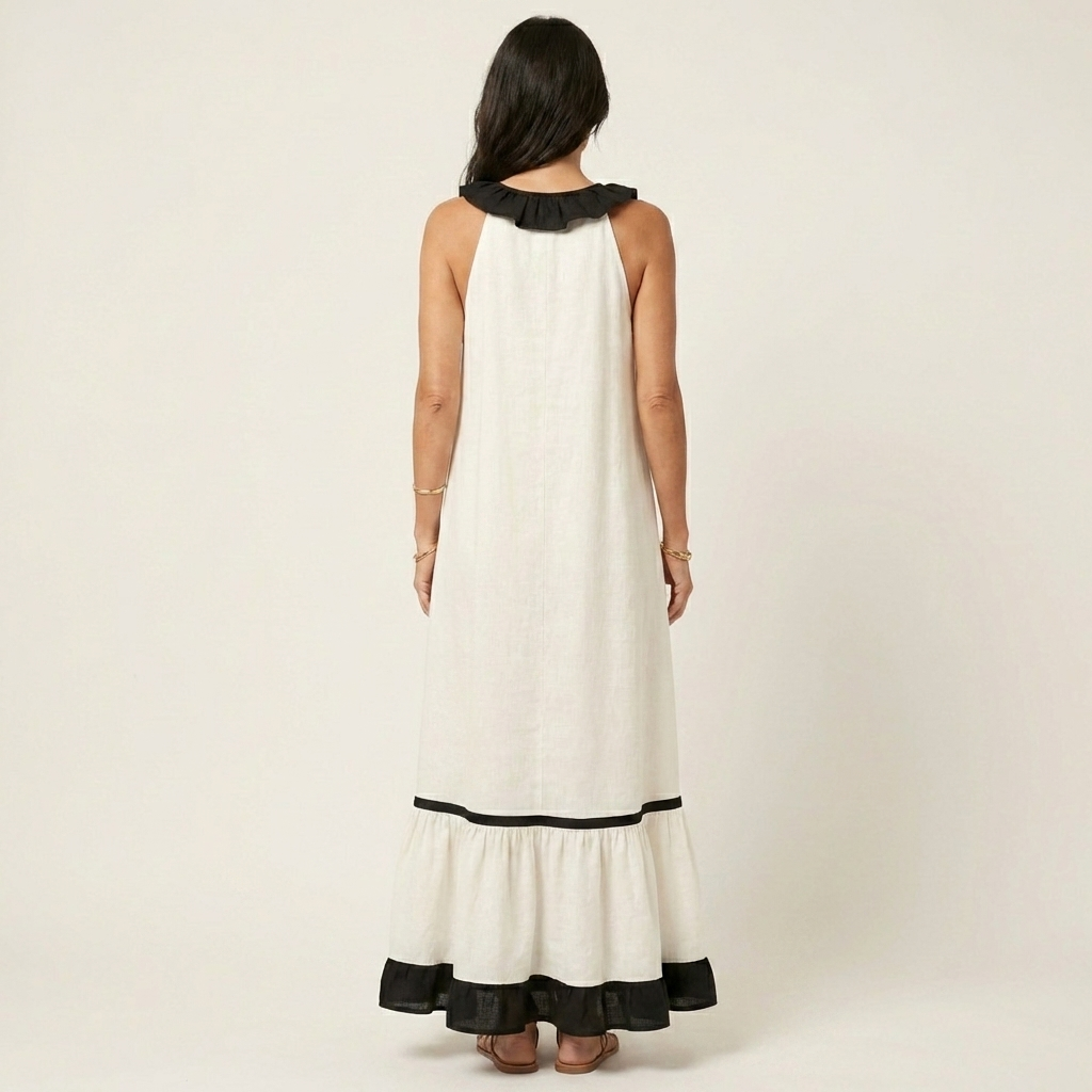 Mayline | Robe Maxi Sans Manches avec Col Volant et Détails Contrastés