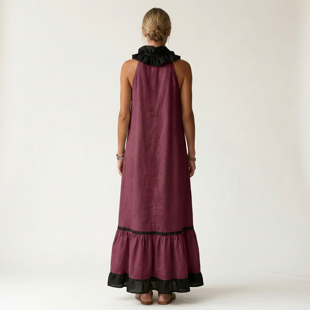 Mayline | Robe Maxi Sans Manches avec Col Volant et Détails Contrastés