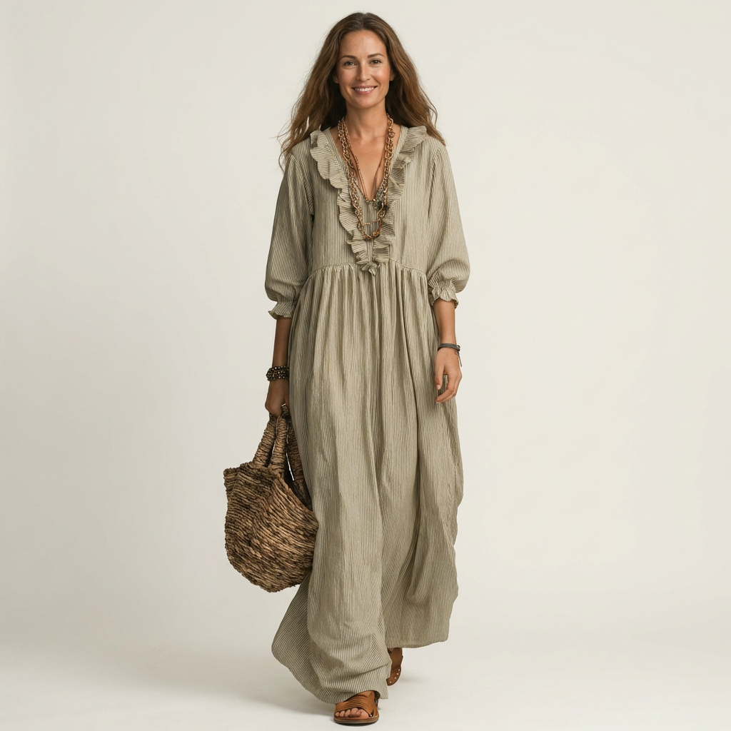 Yosetta | Robe Maxi Rayée avec Volants et Décolleté en V