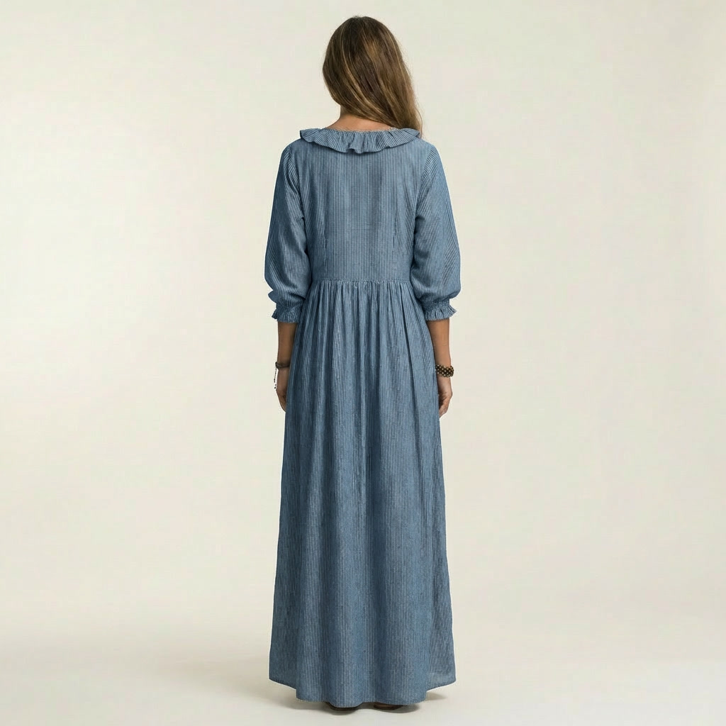 Yosetta | Robe Maxi Rayée avec Volants et Décolleté en V