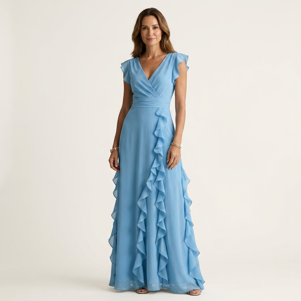 Nellyana | Robe Maxi à Volants en V avec Manches Évasées