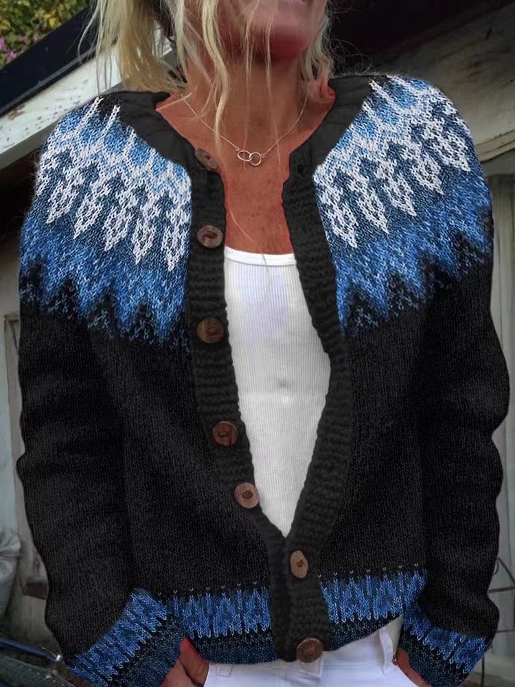 Cardigan SANNA™ Danoir Paris à motif Fair Isle avec manches longues et col en V, en laine chaude et confortable.