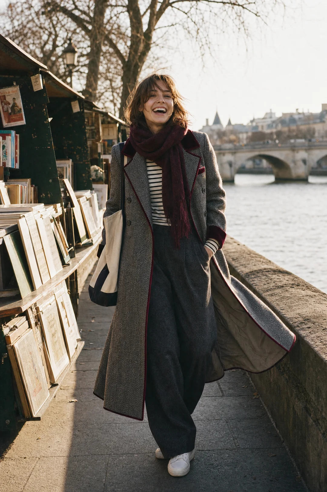 Manteau Long en Laine à Chevrons Élégant avec Finition en Velours