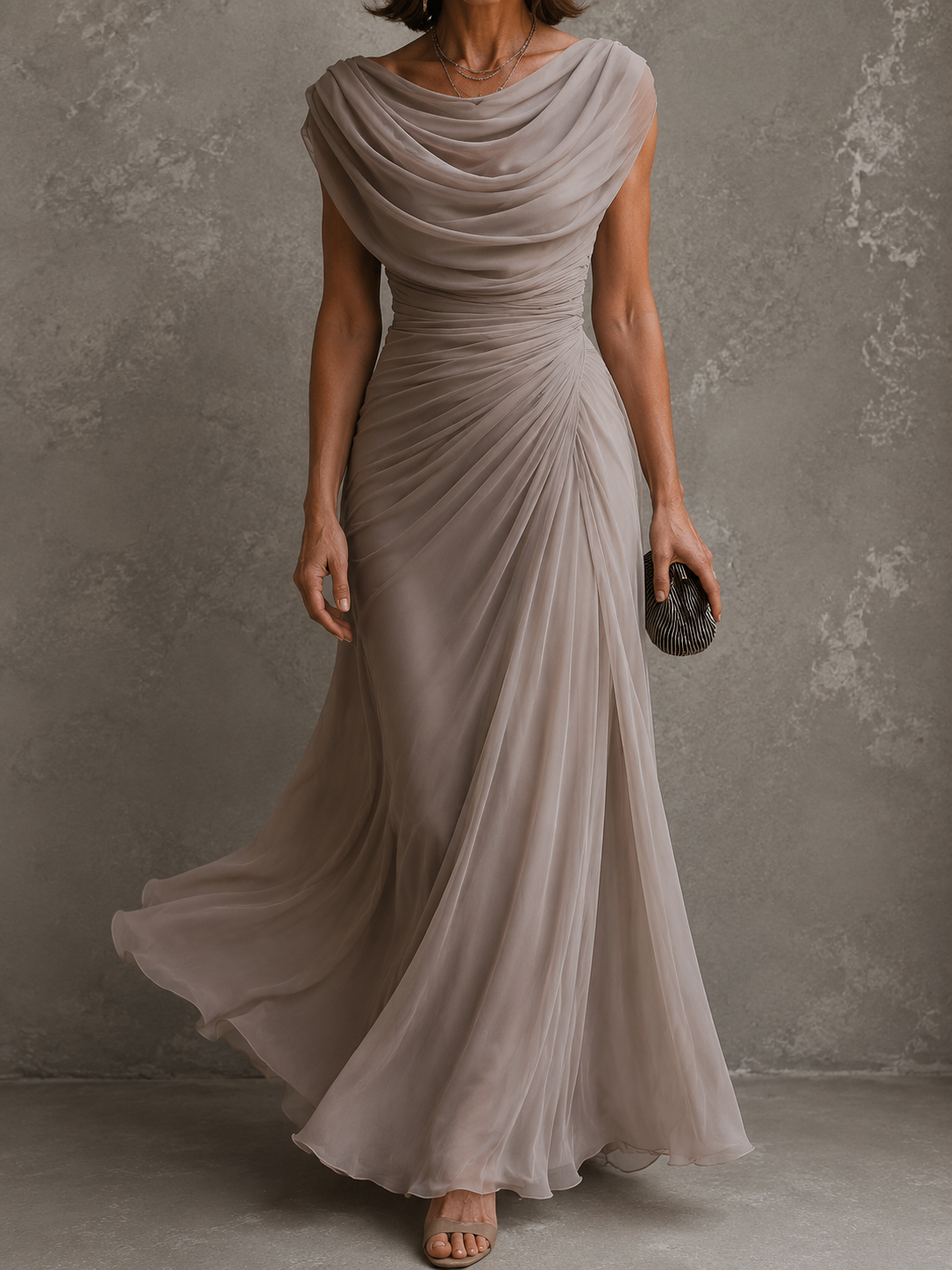 Robe longue sans manches Maëlle de Danoir Paris, robe féminine drapée, vue en détail sur le mannequin.