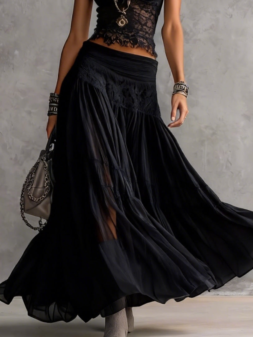 Ensemble top transparent en dentelle et jupe longue plissée noirs