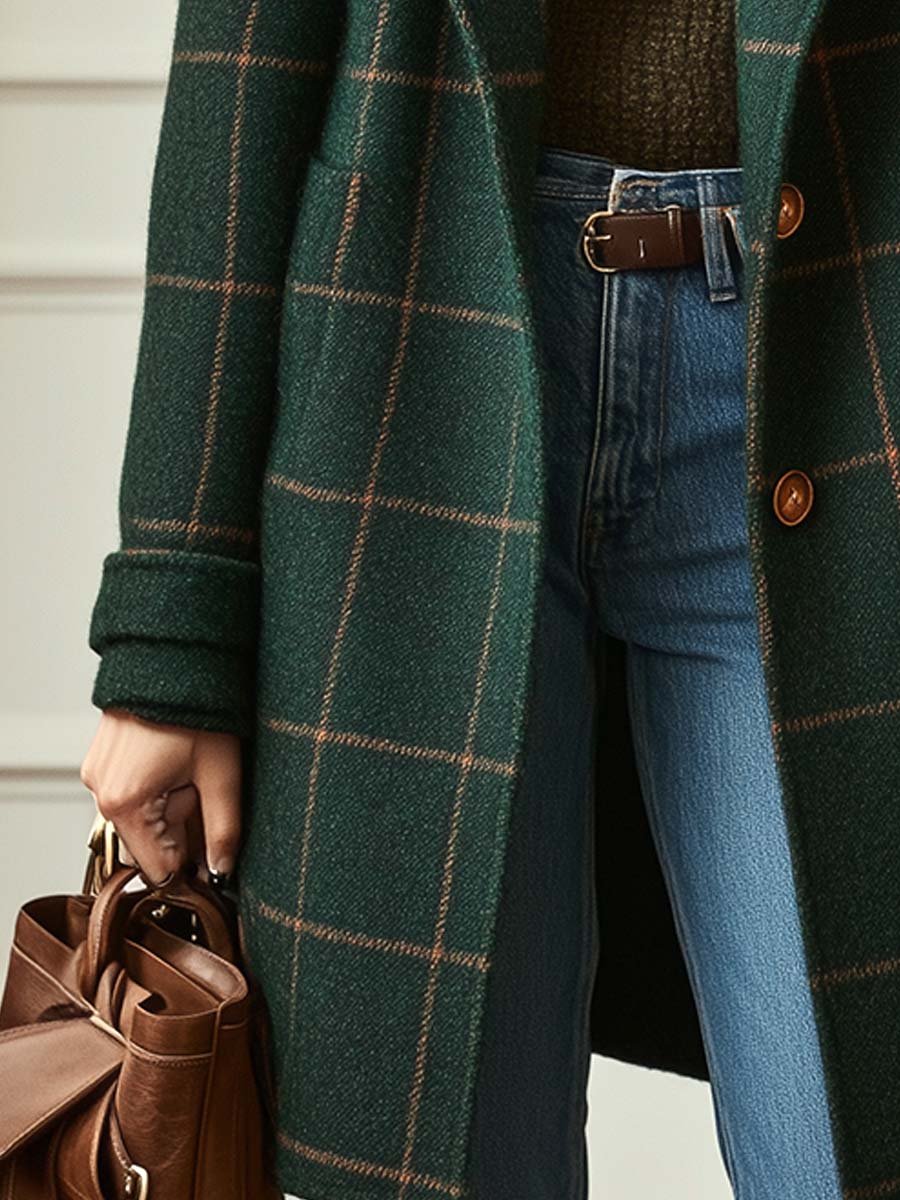 Manteau classique Fiona de Danoir Paris, coupe élégante, en tissu chaud, porté en extérieur avec col et boutons.