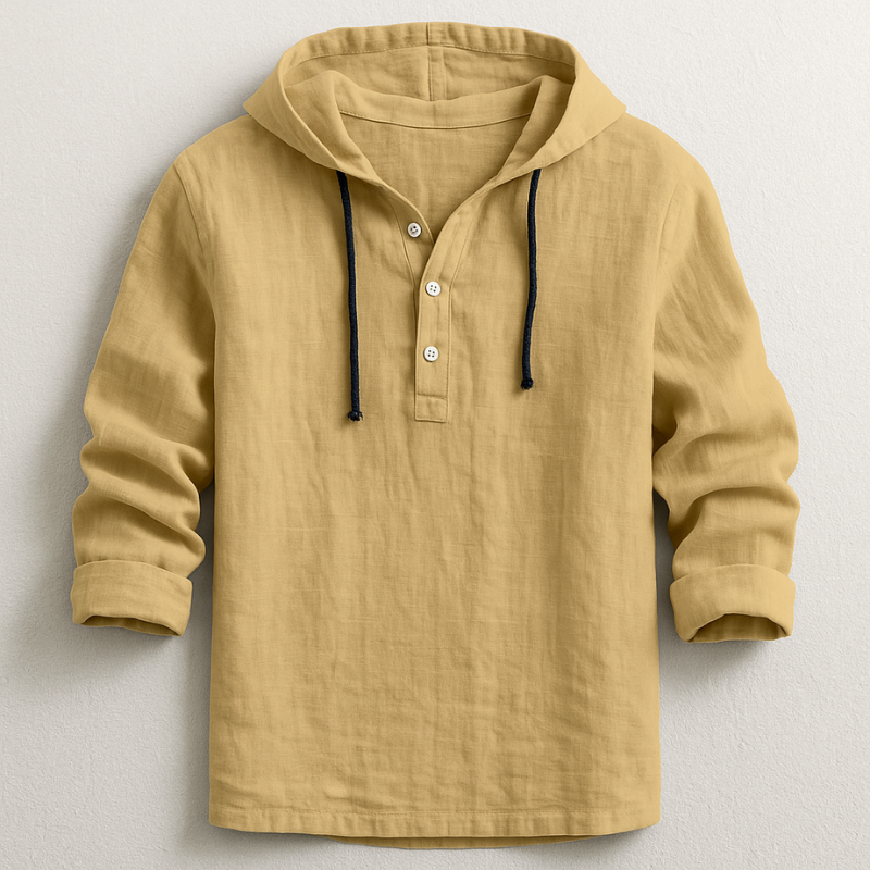 Chemise de luxe à capuche Danoir Paris™ en tissu doux, couleur neutre, détails élégants, vue de face sur mannequin.