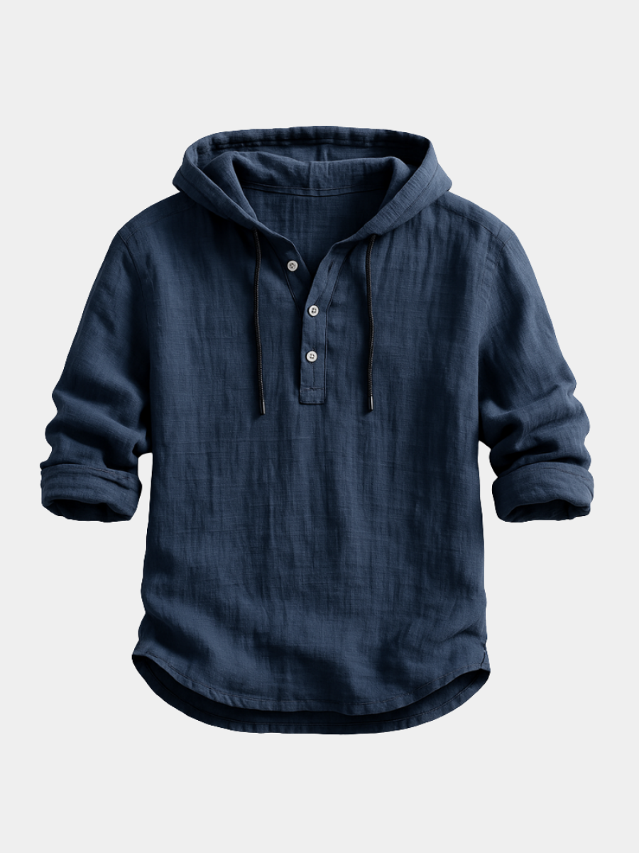 Chemise de luxe à capuche Danoir Paris™ en coton doux, portée sur un mannequin, style moderne et élégant.