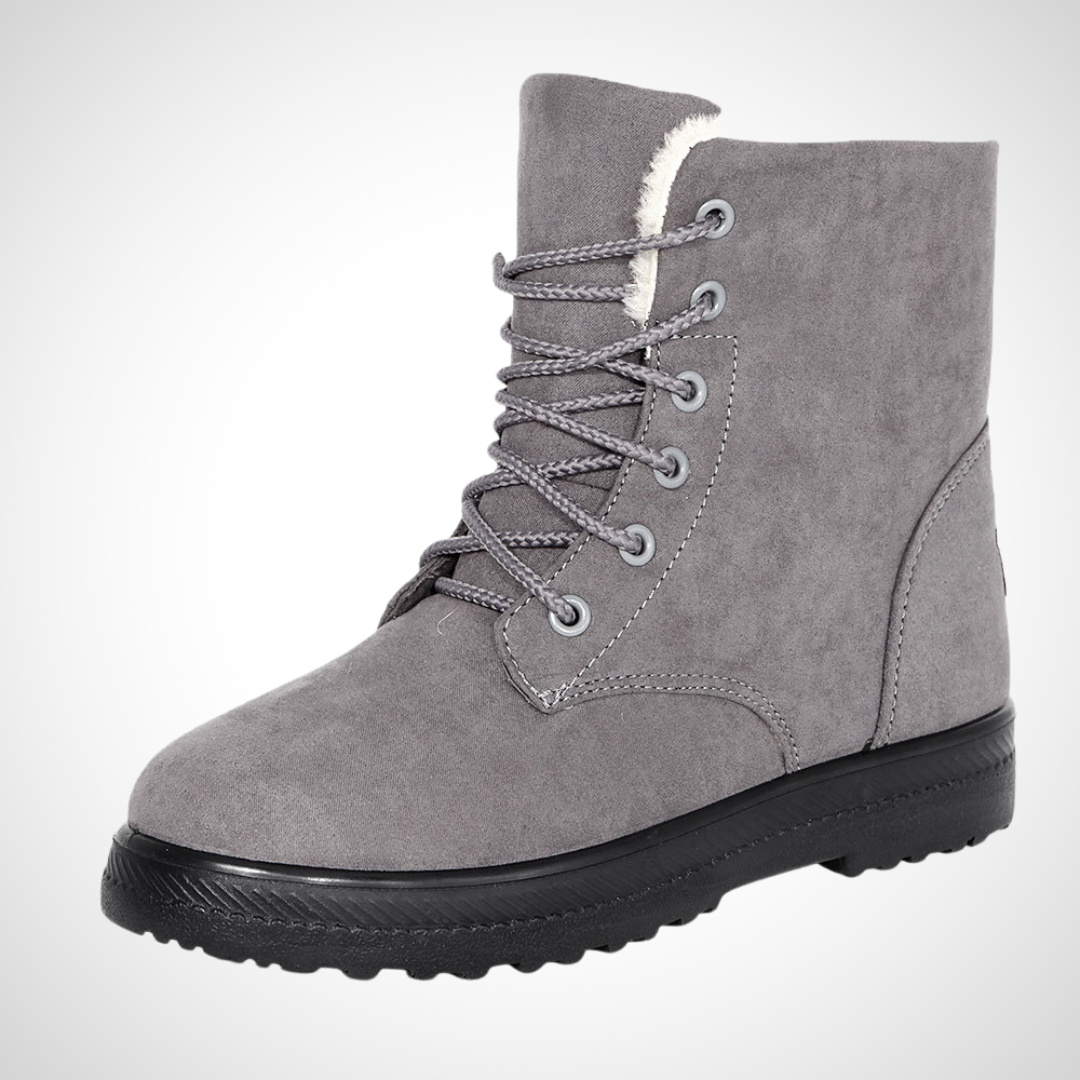 Bottines d'hiver à lacets Émeline de Danoir Paris, en cuir noir avec semelle robuste, vues de face sur fond blanc.