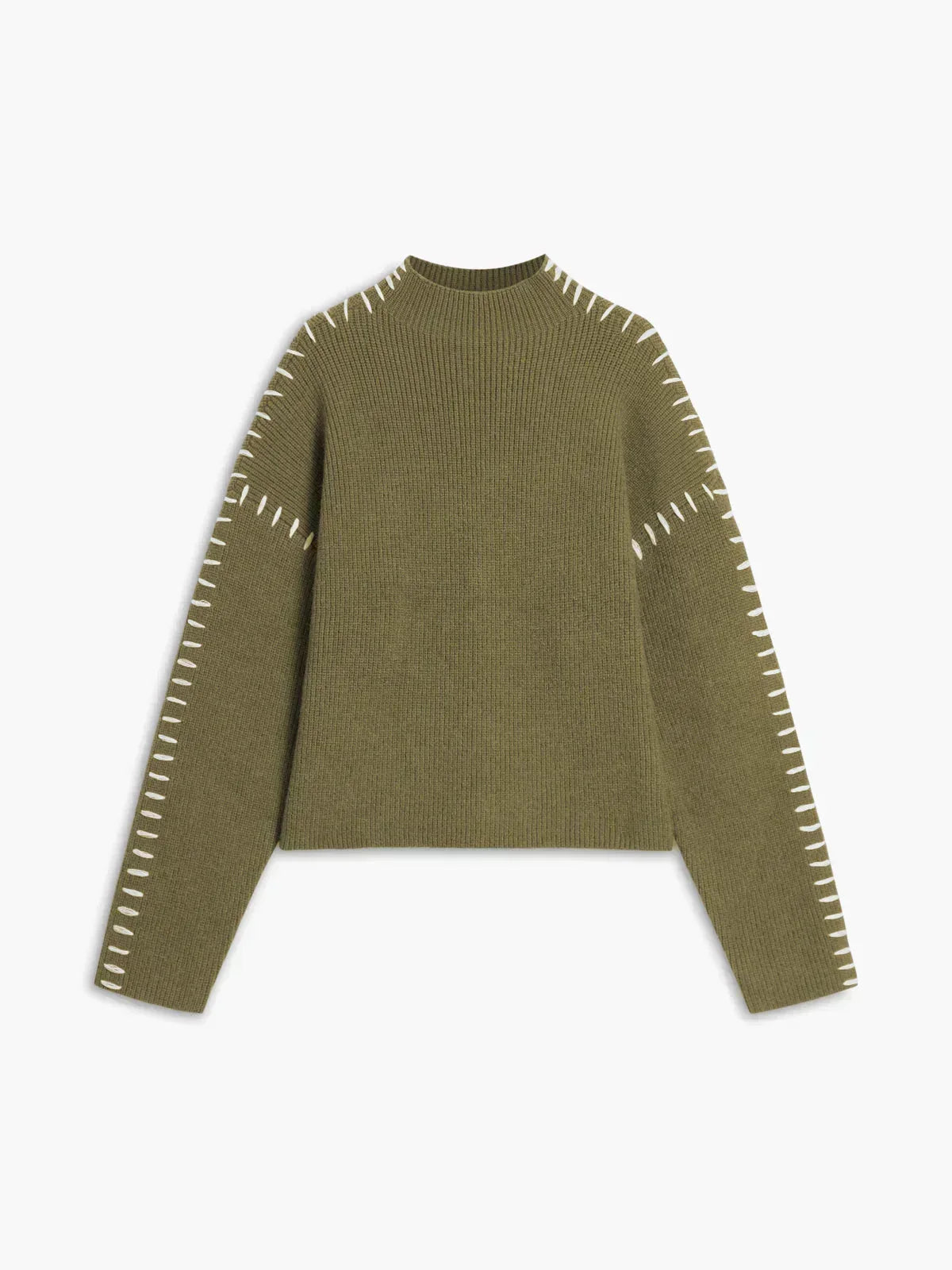 Pull Danoir Paris Nia en laine côtelée à col roulé et surpiqûres, couleur vert armée, parfait pour l'automne.