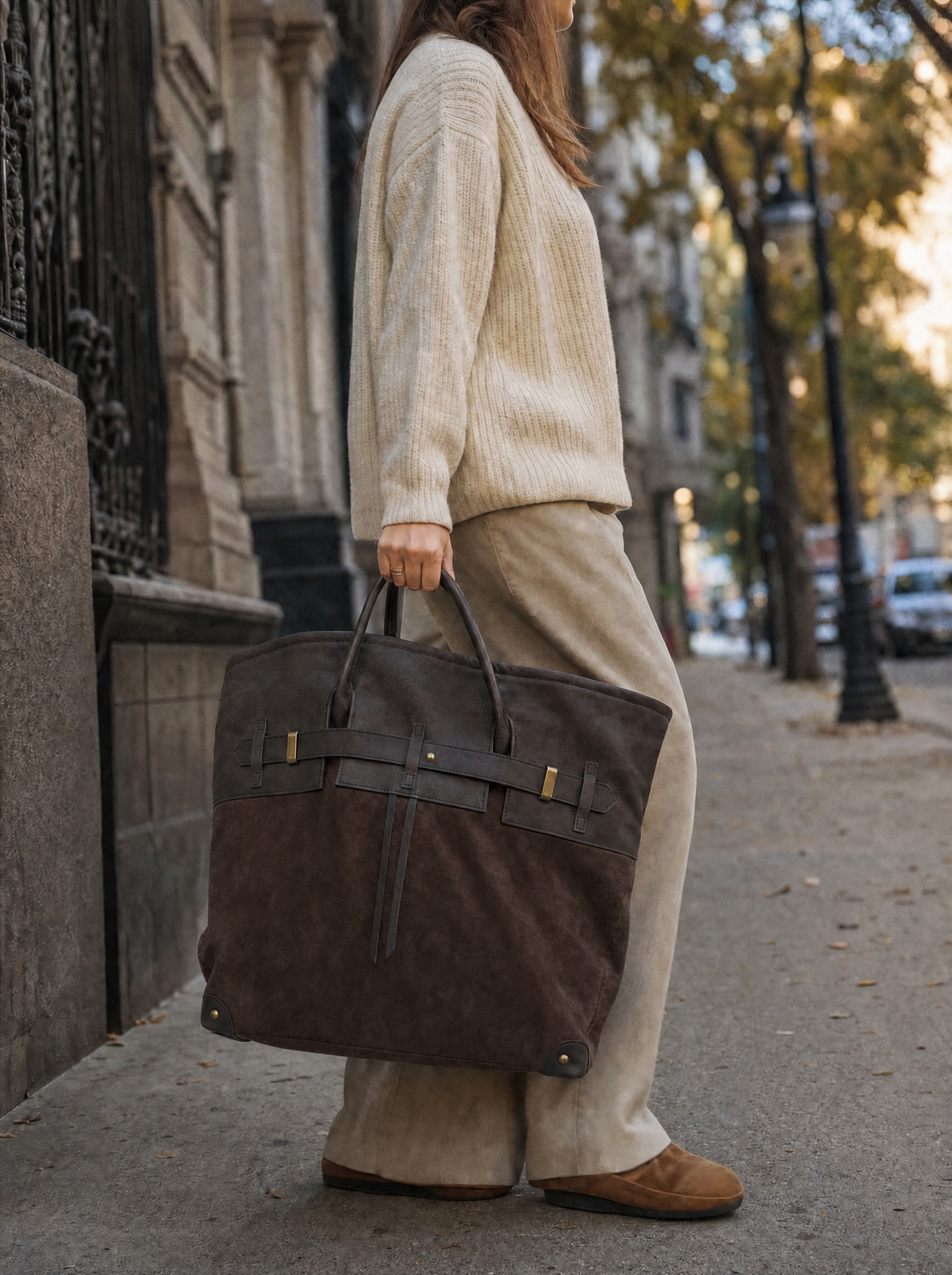 Sac tote en suède Juliette de Danoir Paris, vue en situation avec détails du matériau et de la finition.
