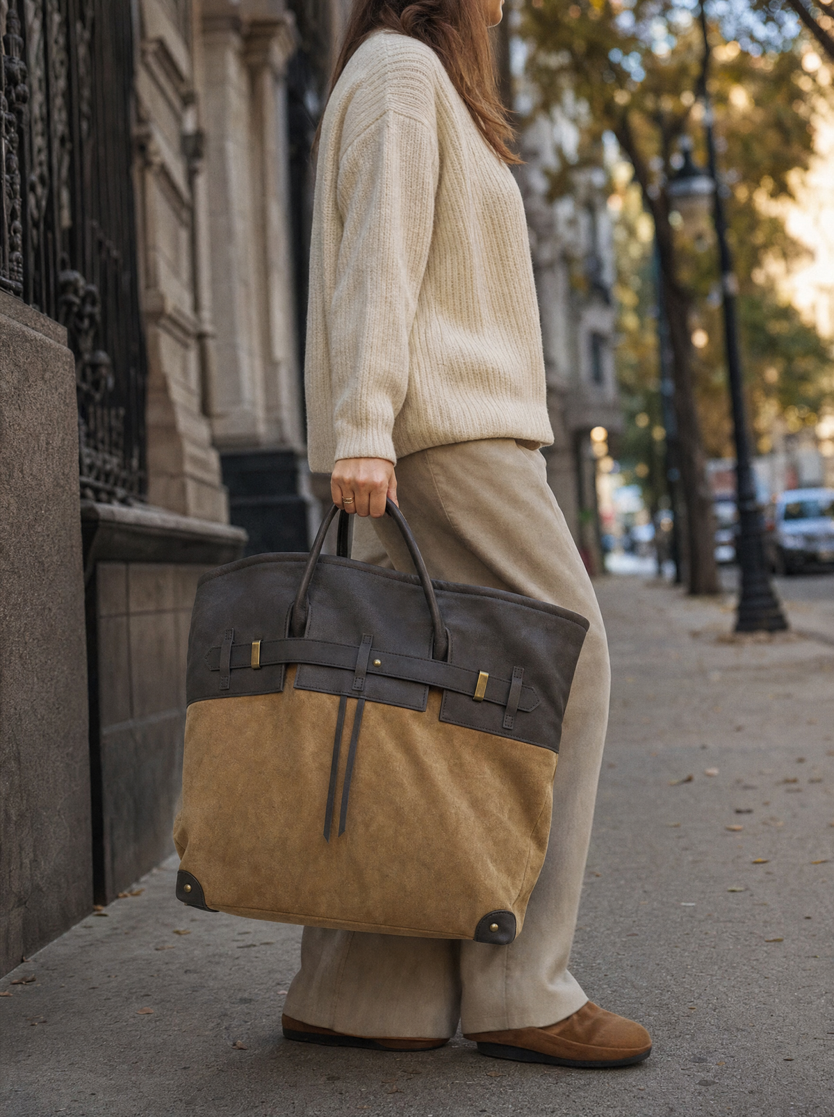 Sac tote en suède Juliette de Danoir Paris, porté en style décontracté avec vêtements modernes, fond neutre et luminosité naturelle