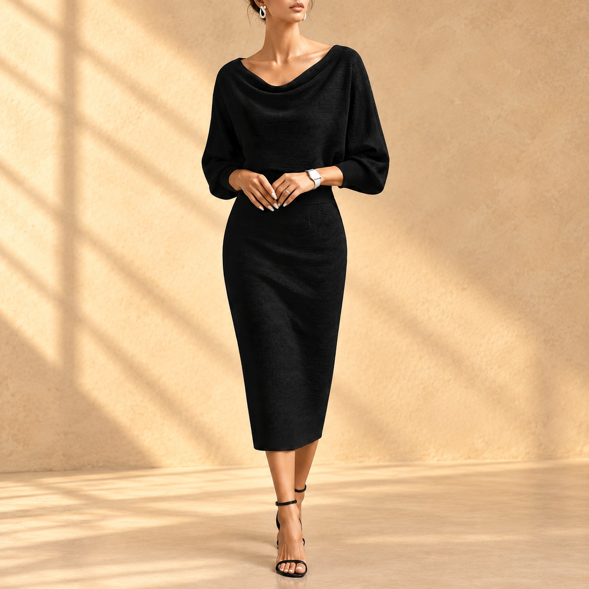 Robe midi beige à manches chauve-souris drapées Danoir Paris, style élégant et fluide pour femmes.