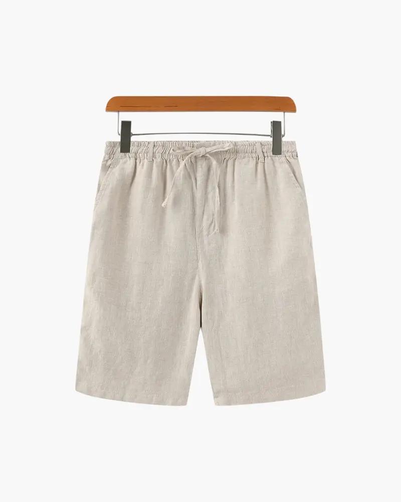 Shorts en lin premium Casablanca de la marque Old Money, détail du tissu en lin beige avec ceinture et poches avant.