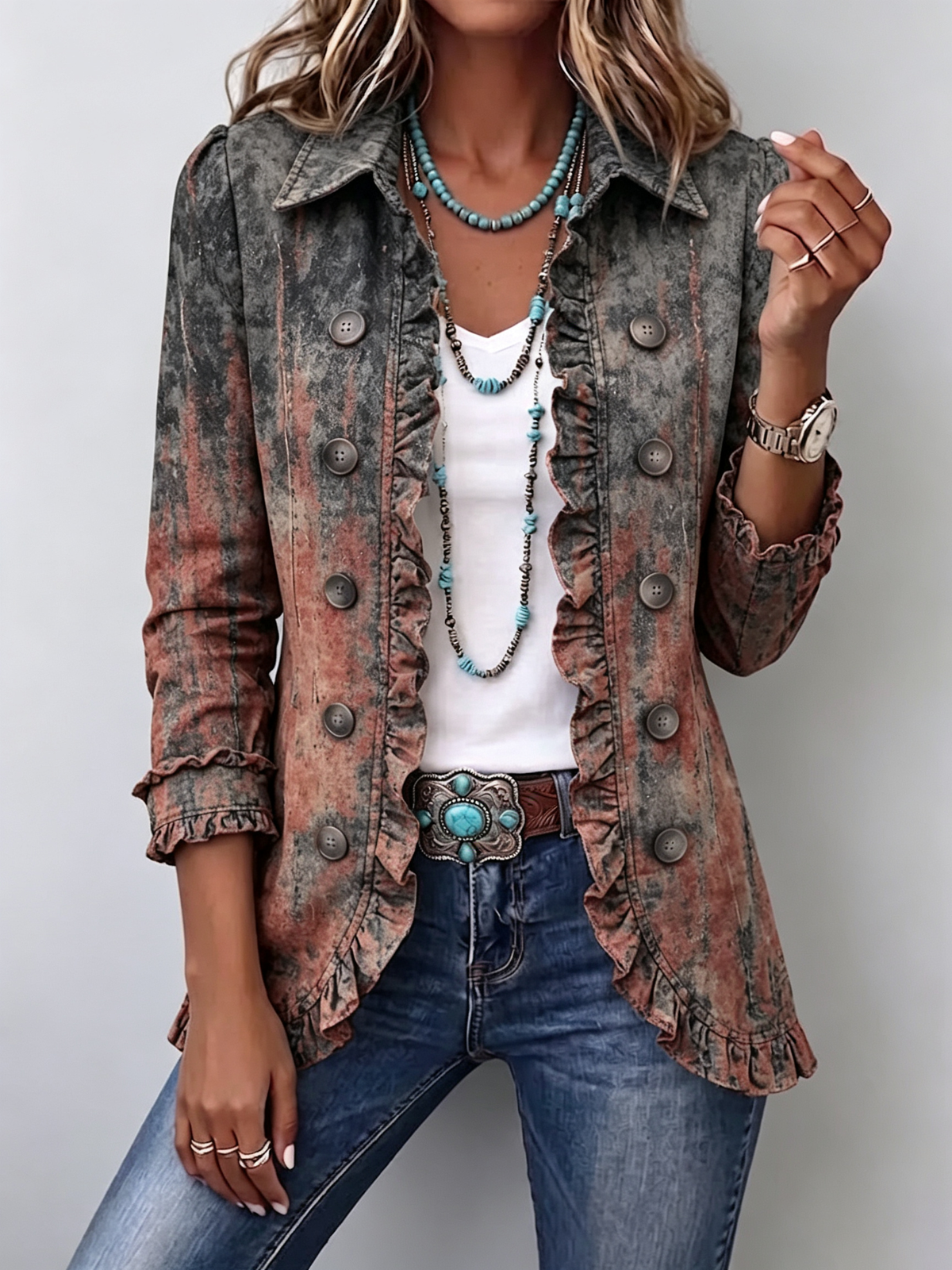 Veste vintage dégradée texturée avec volants, style élégant Danoir Paris, visible en détail dans cette image.