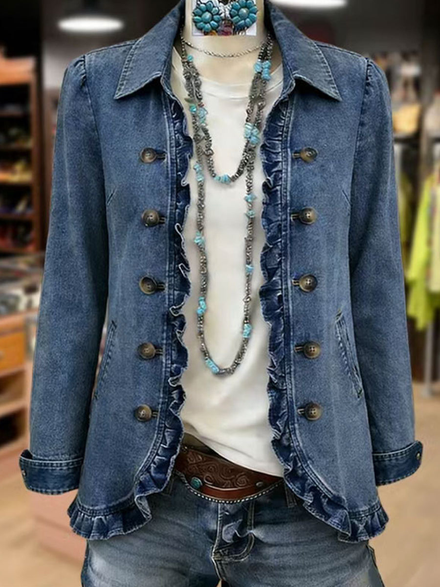Veste bleue moyenne à volants de la marque Danoir Paris, avec détails élégants et finition soignée.