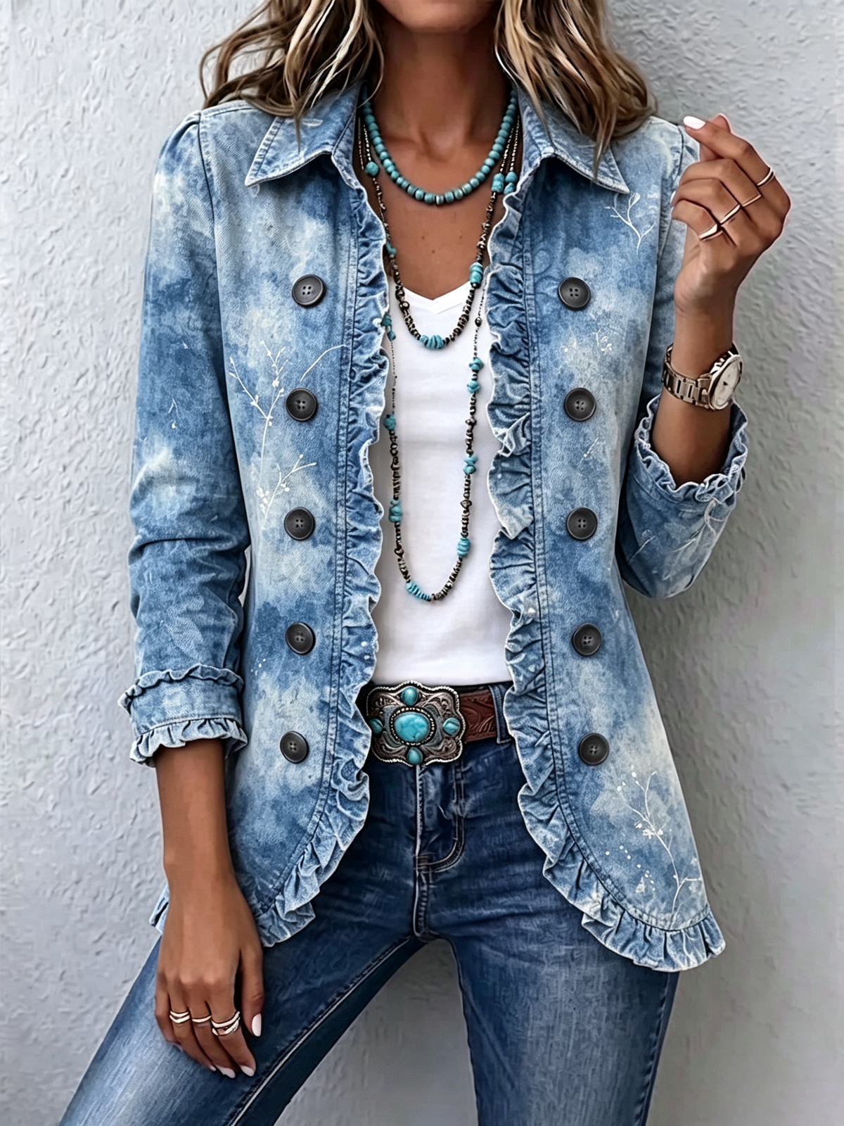 Veste bohème Danoir Paris Guenièvre avec motifs botaniques, dégradée bleue et détails à volants pour un style vintage.