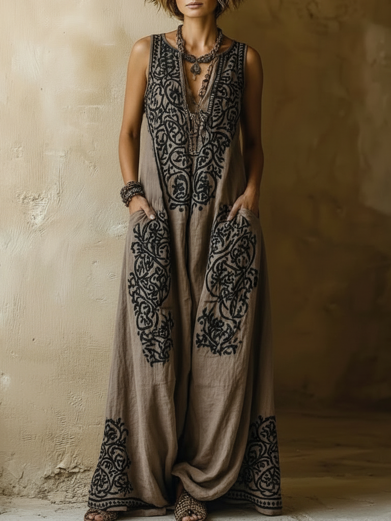 Ensemble bohème vintage en coton-lin Danoir Paris, deux pièces avec chemise et pantalon à motifs colorés.