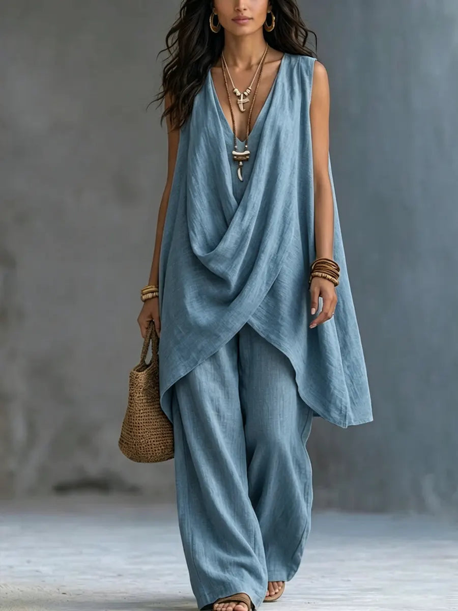 Ensemble décontracté en coton et lin style bohème par Danoir Paris, vêtements longs et légers avec motifs naturels.