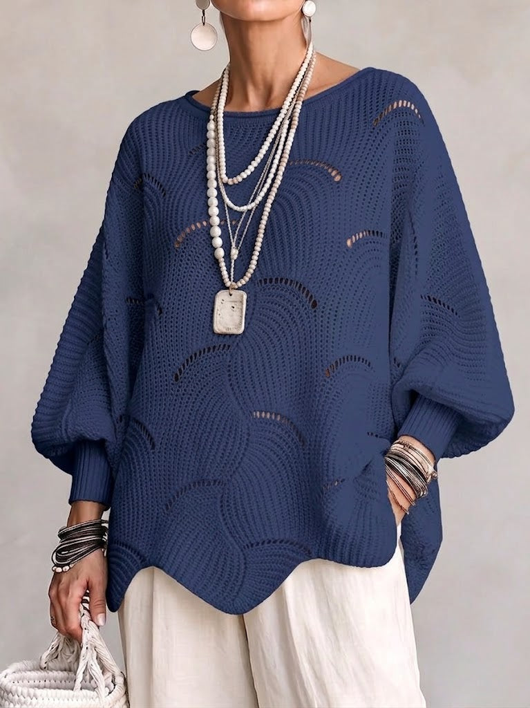 Haut en tricot Danoir Paris à manches lanternes amples avec motif en vagues creuses, couleur neutre, détails texturés visibles